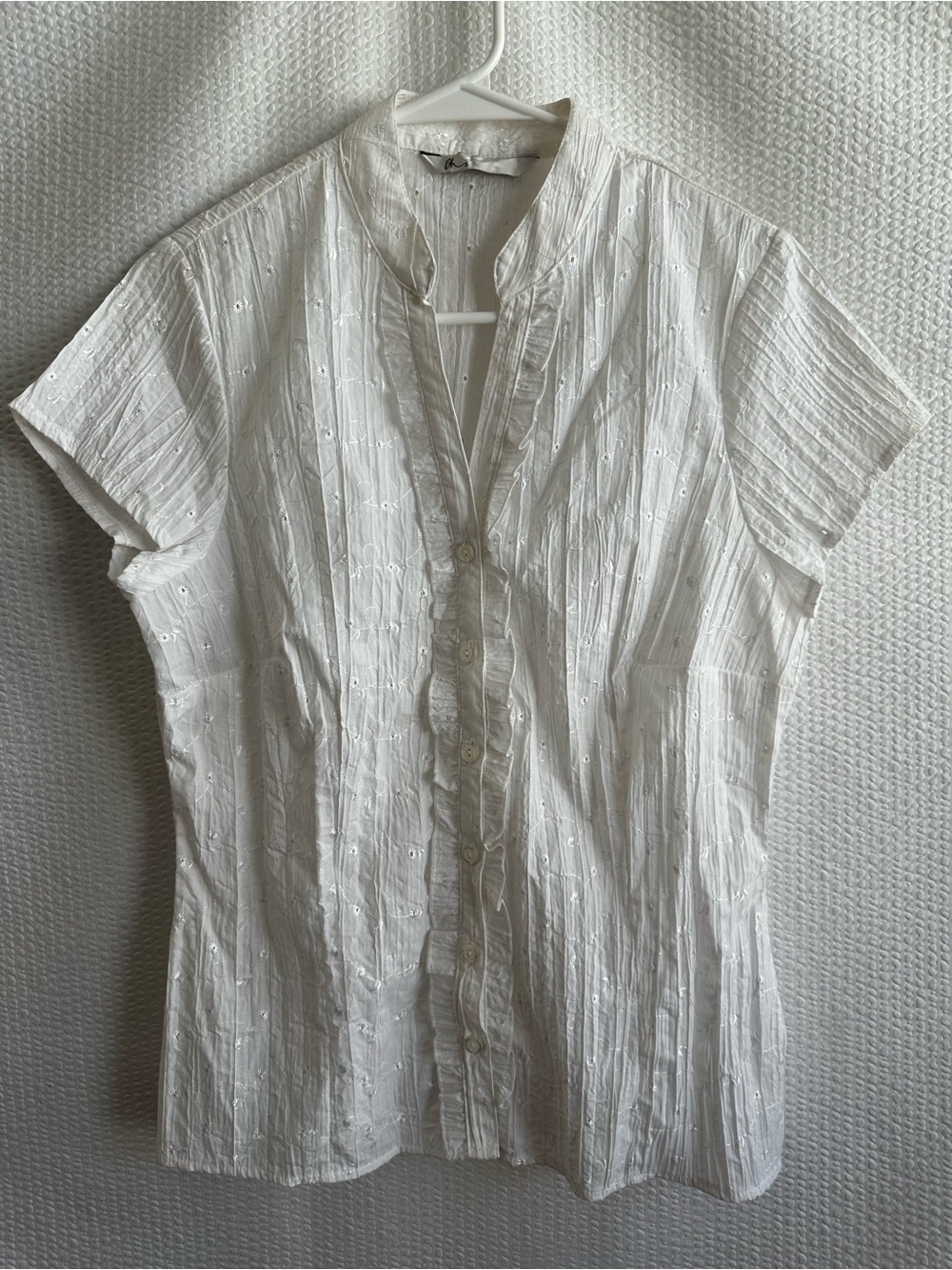 BHS White Eyelet Embroidered Ruffle Button Front Short Sleeve Blouse Size:14 Y2K